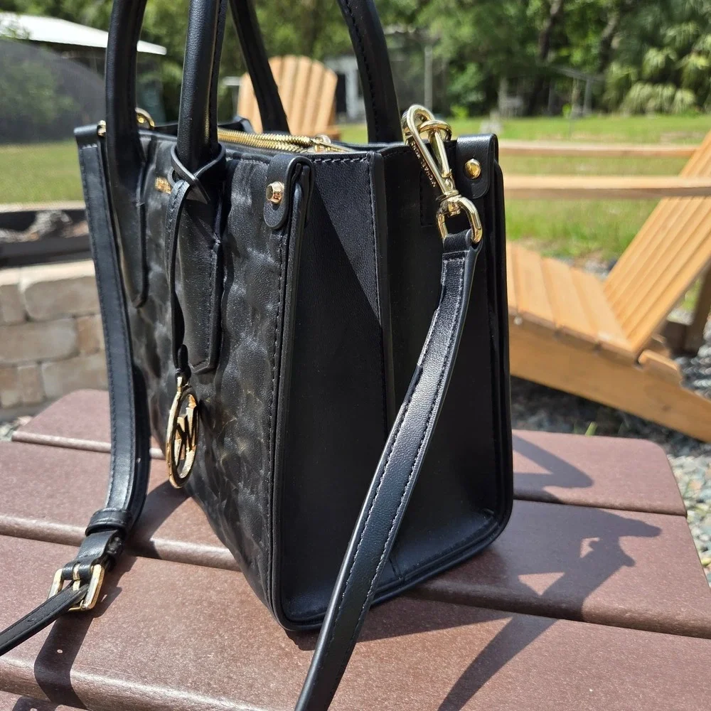 Michael Kors Black Embossed Leather Gold Logo Handbag Purse Maple Satchel - Picture 6 of 16